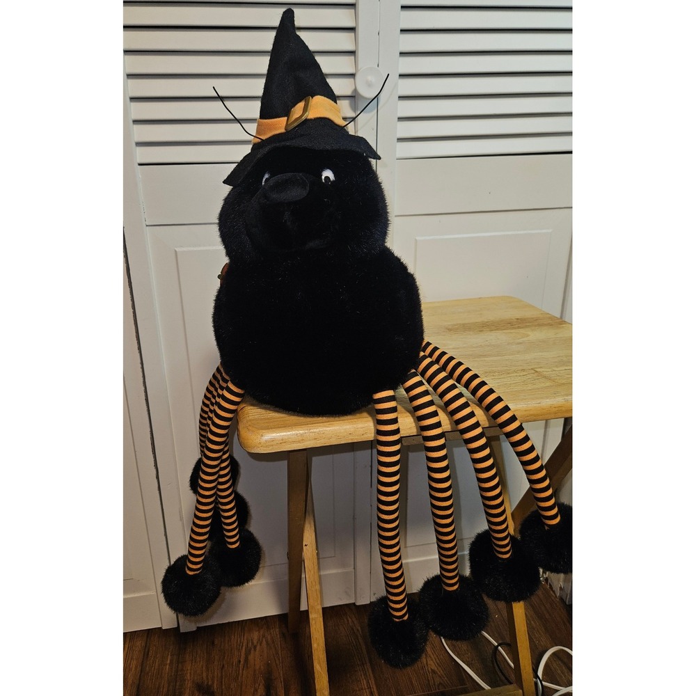 Halloween Black Plush Witch Spider with Striped Floppy Legs and Hat Decor